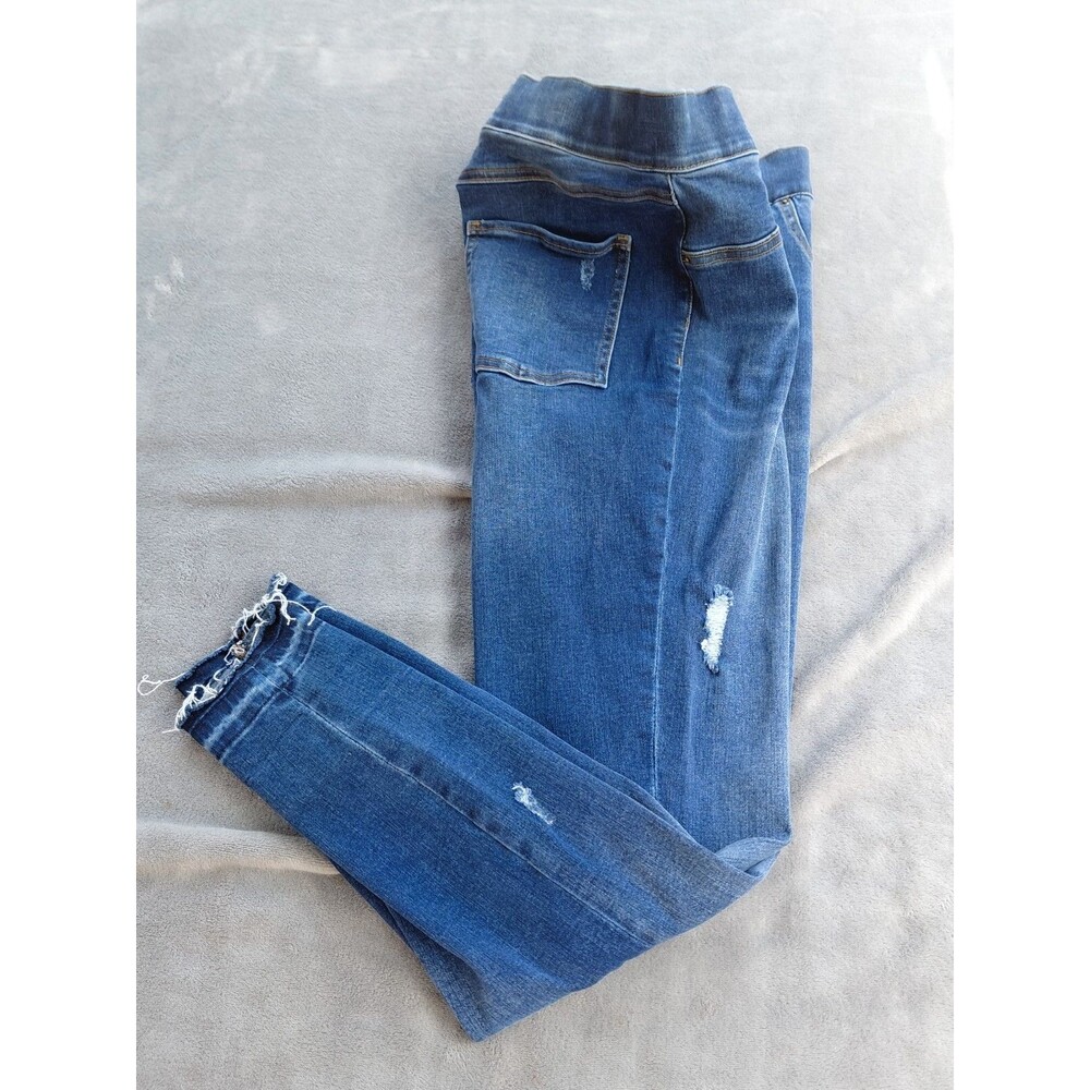 Spanx Jeggings Womens Size Large Blue Distressed Denim High Rise Elastic Waist